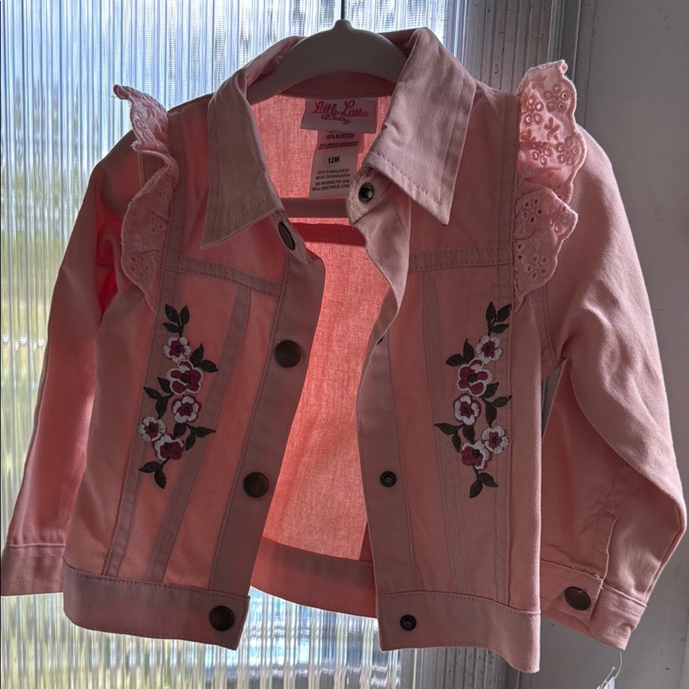 Little Lass Pink Floral Embroidered Jean Jacket